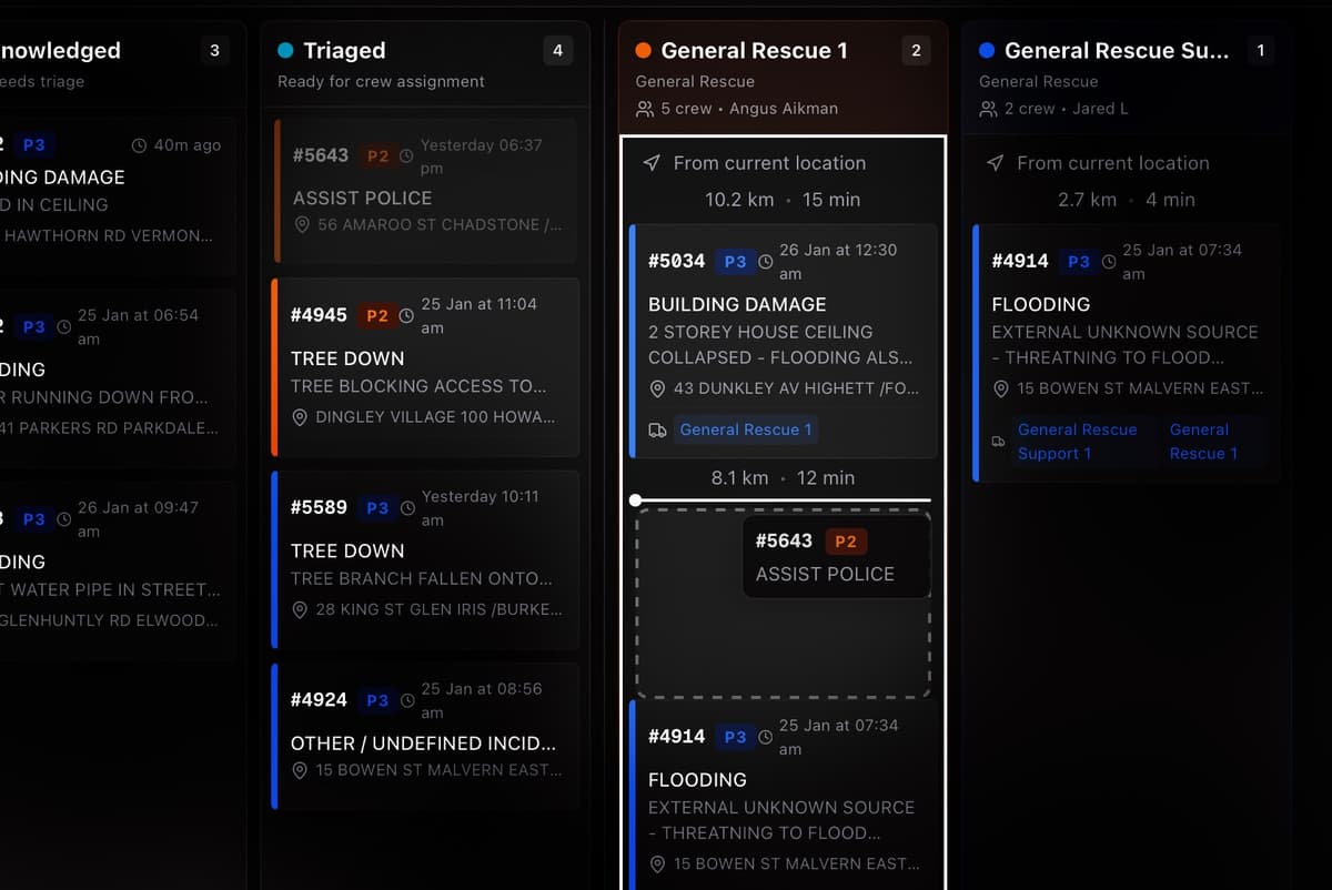 Vantage Ops incident kanban board with drag-and-drop dispatch