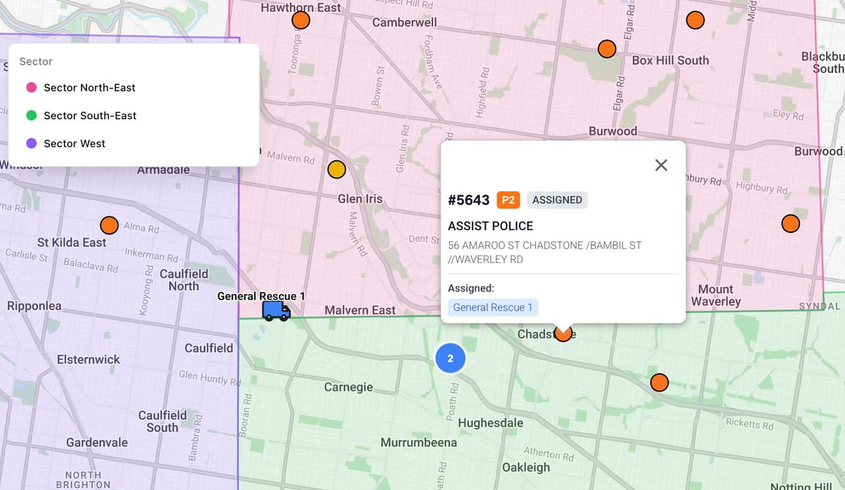 Live operations map showing incidents, vehicles, and sector boundaries
