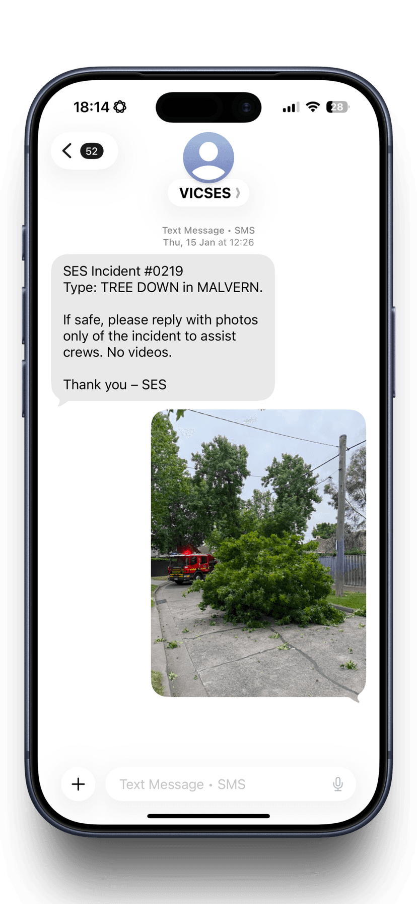 SMS messaging interface showing templated caller notifications