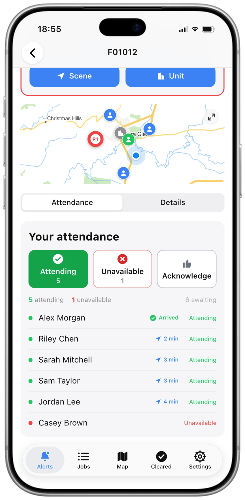 An incident alert on an iPhone with the attendance buttons and who has answered