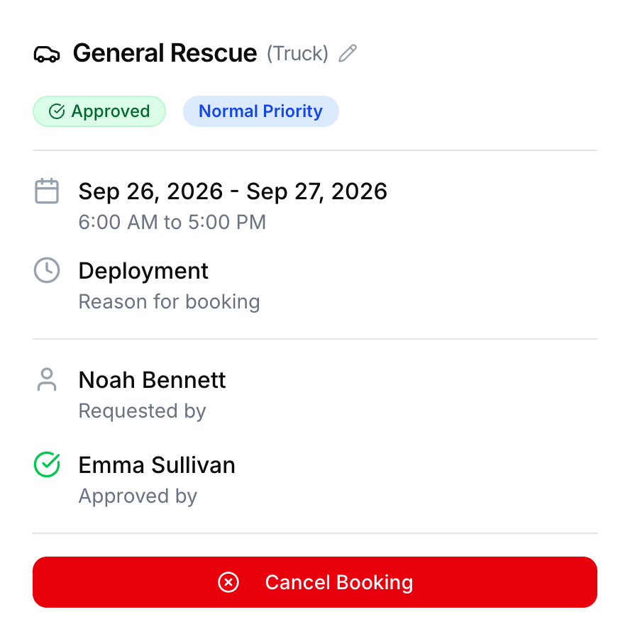 An approved vehicle booking showing who requested it and who approved it