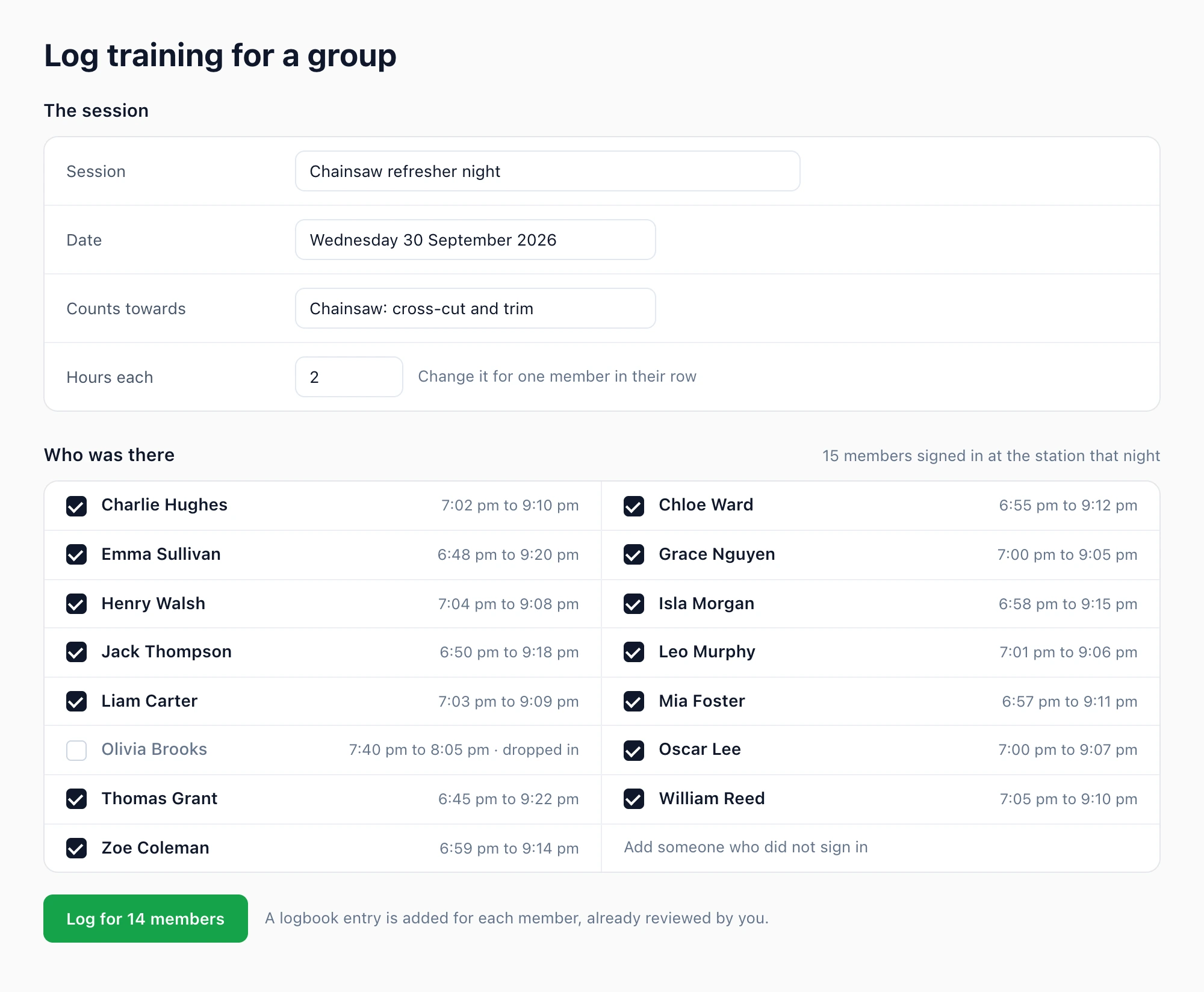 Logging one training session for a group: the session, date, qualification and hours, with fifteen members who signed in that night listed and fourteen ticked