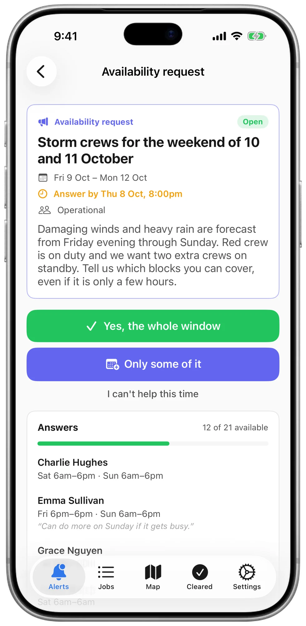 The storm crews availability request on an iPhone, with answer buttons and twelve of twenty-one members available