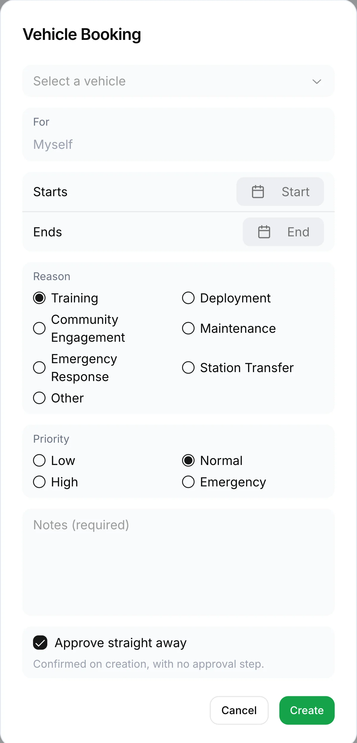 The vehicle booking form