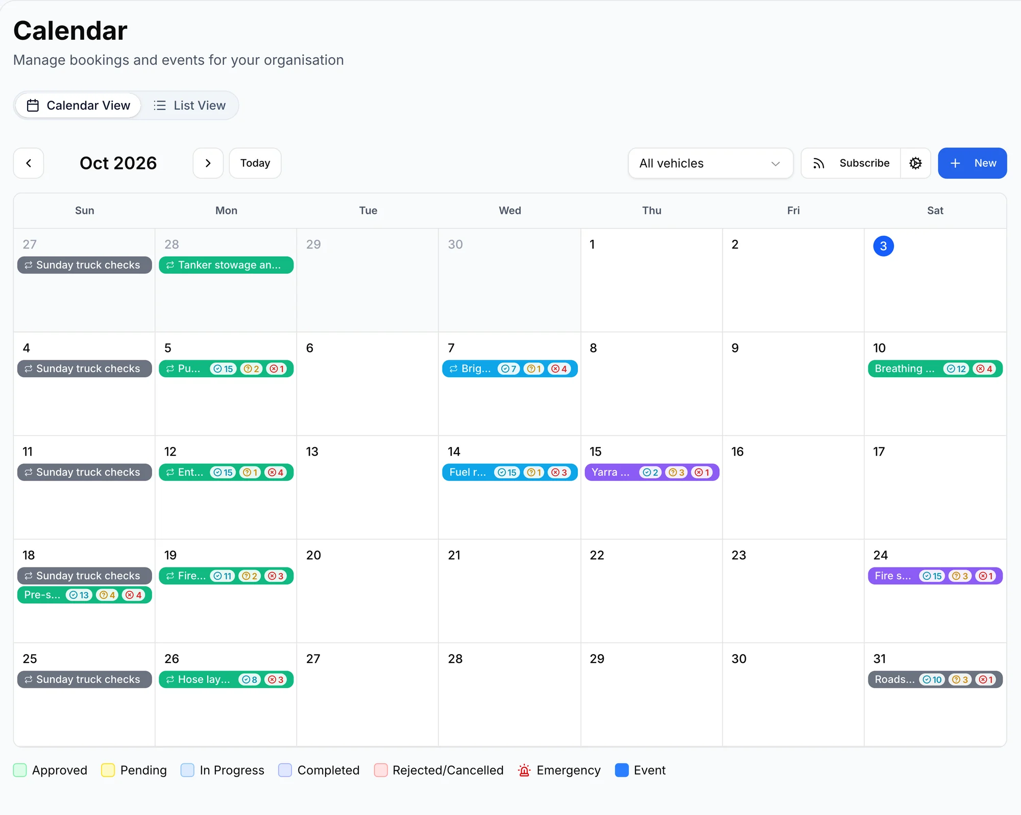 A fire brigade's calendar with repeating truck checks and training