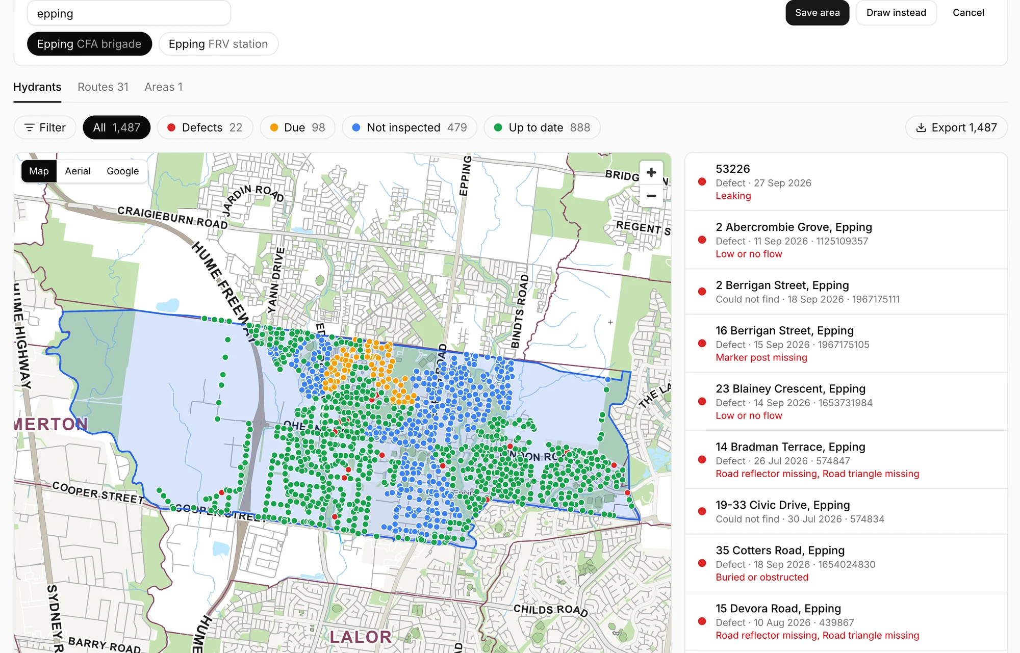 Searching for Epping brings up the brigade's response boundary on the map, filled with hydrants
