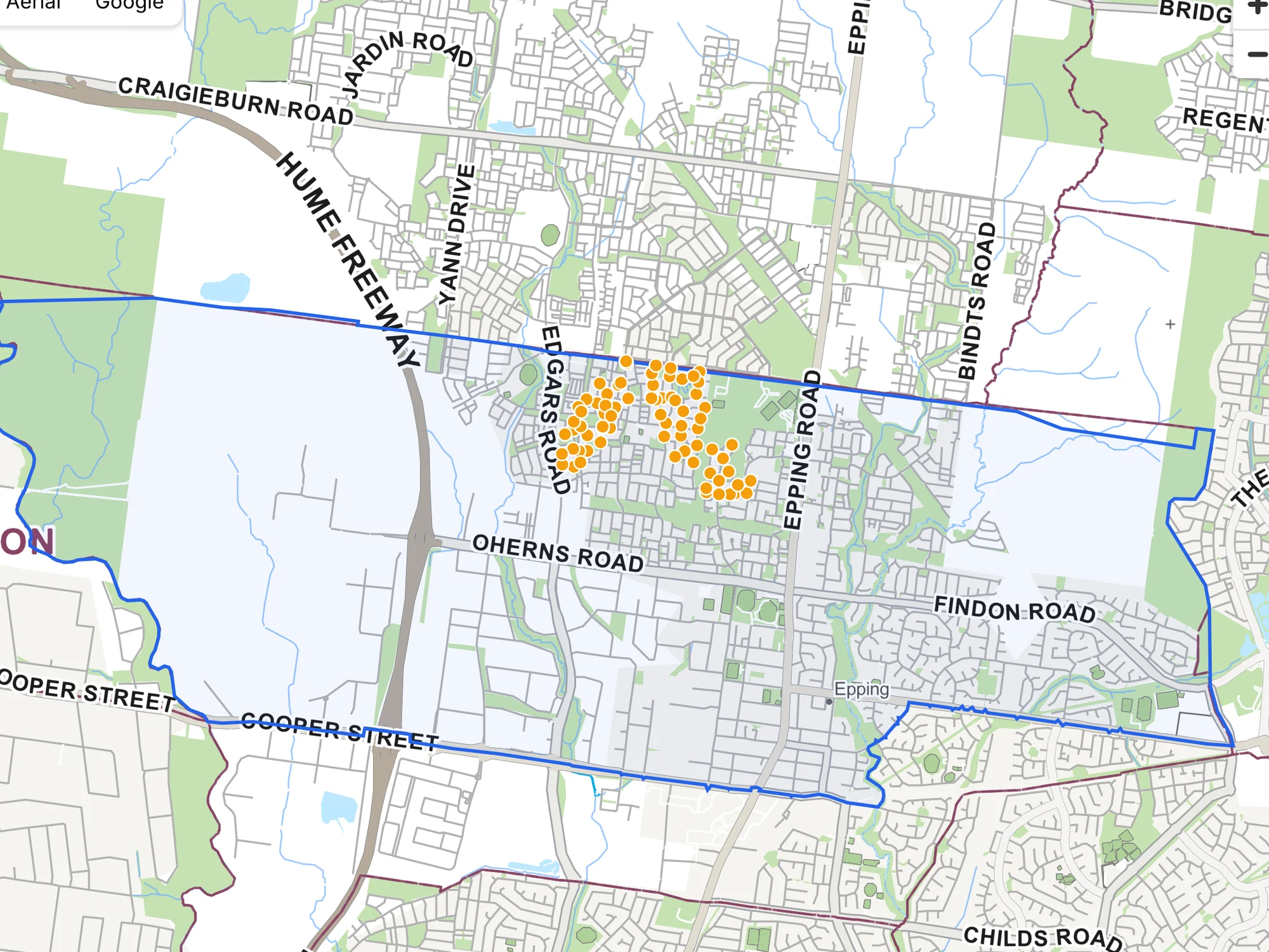 The map filtered to 98 hydrants that are due again, clustered in two neighbourhoods