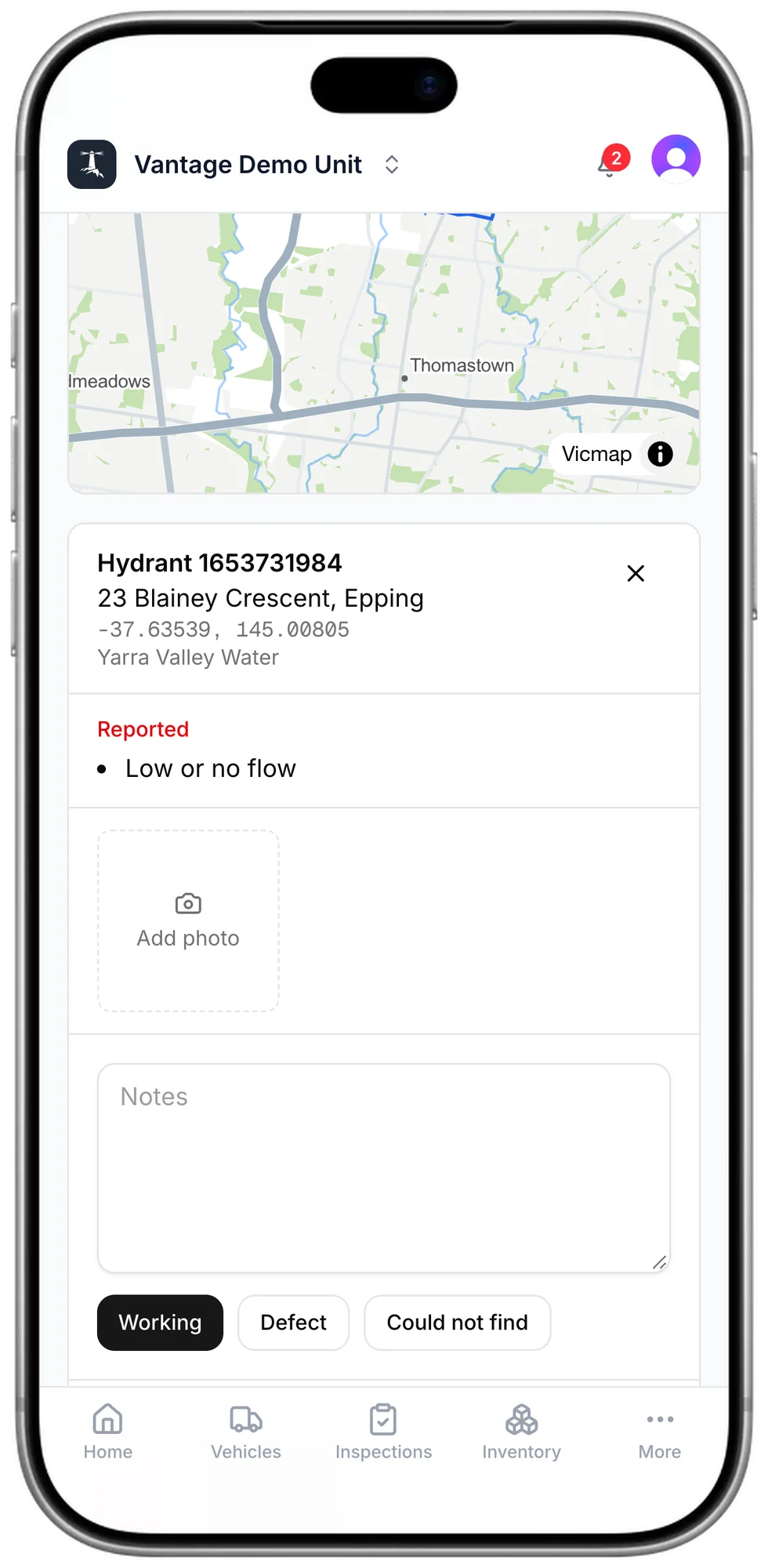 A hydrant reported with low or no flow, on a phone