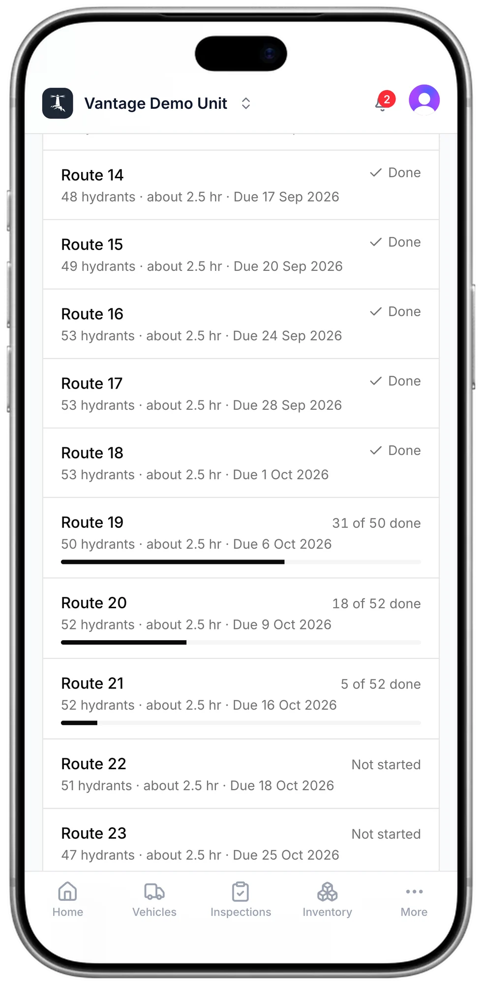The list of routes on a phone with their progress