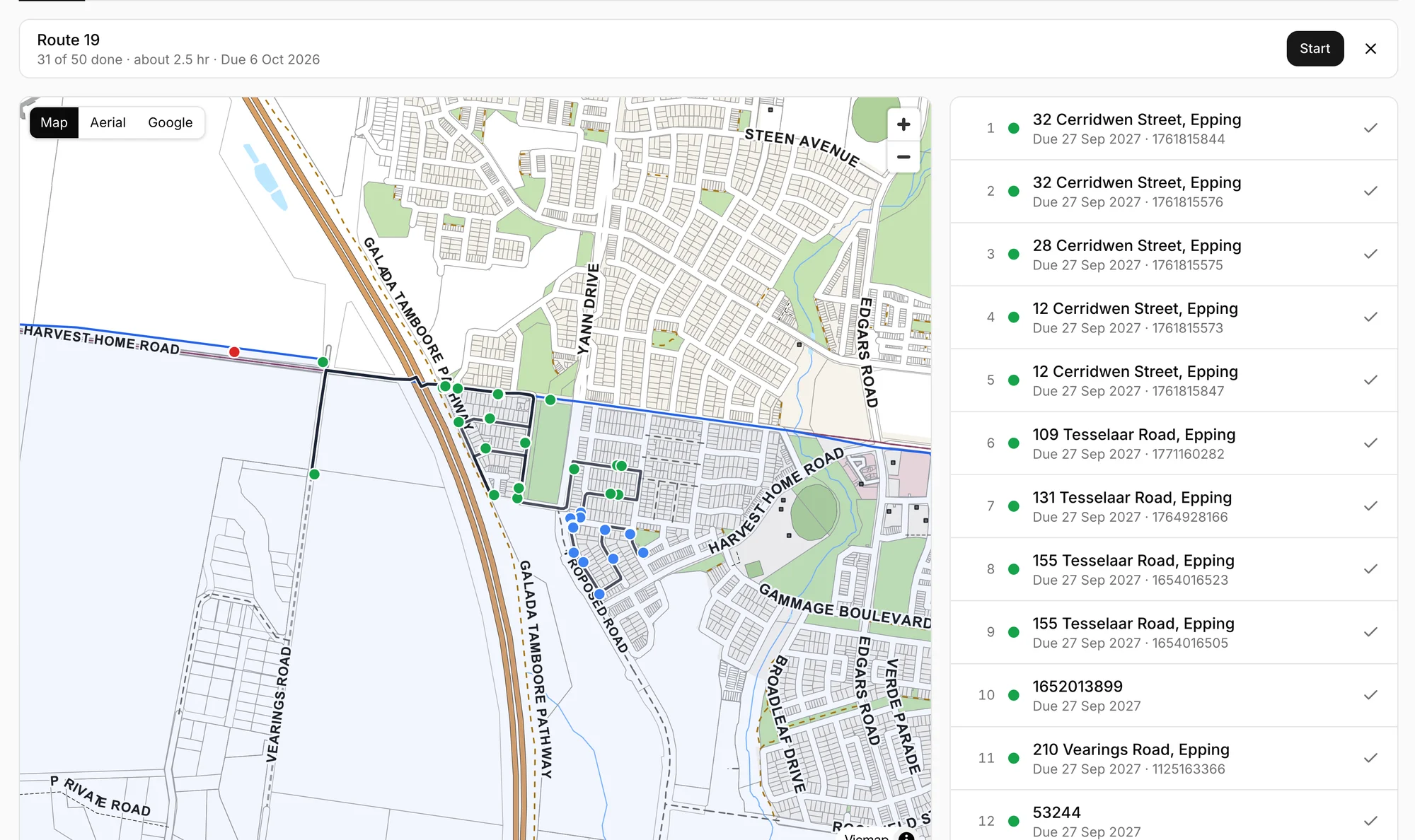 Route 19 on the map, running along the streets, with its stops listed in order