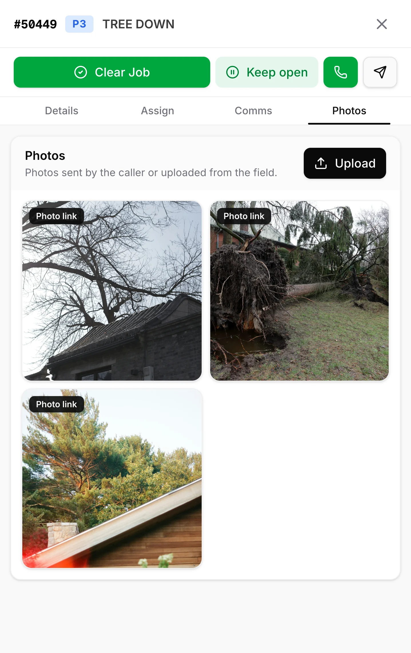 Three photos of a fallen tree sent in by the caller