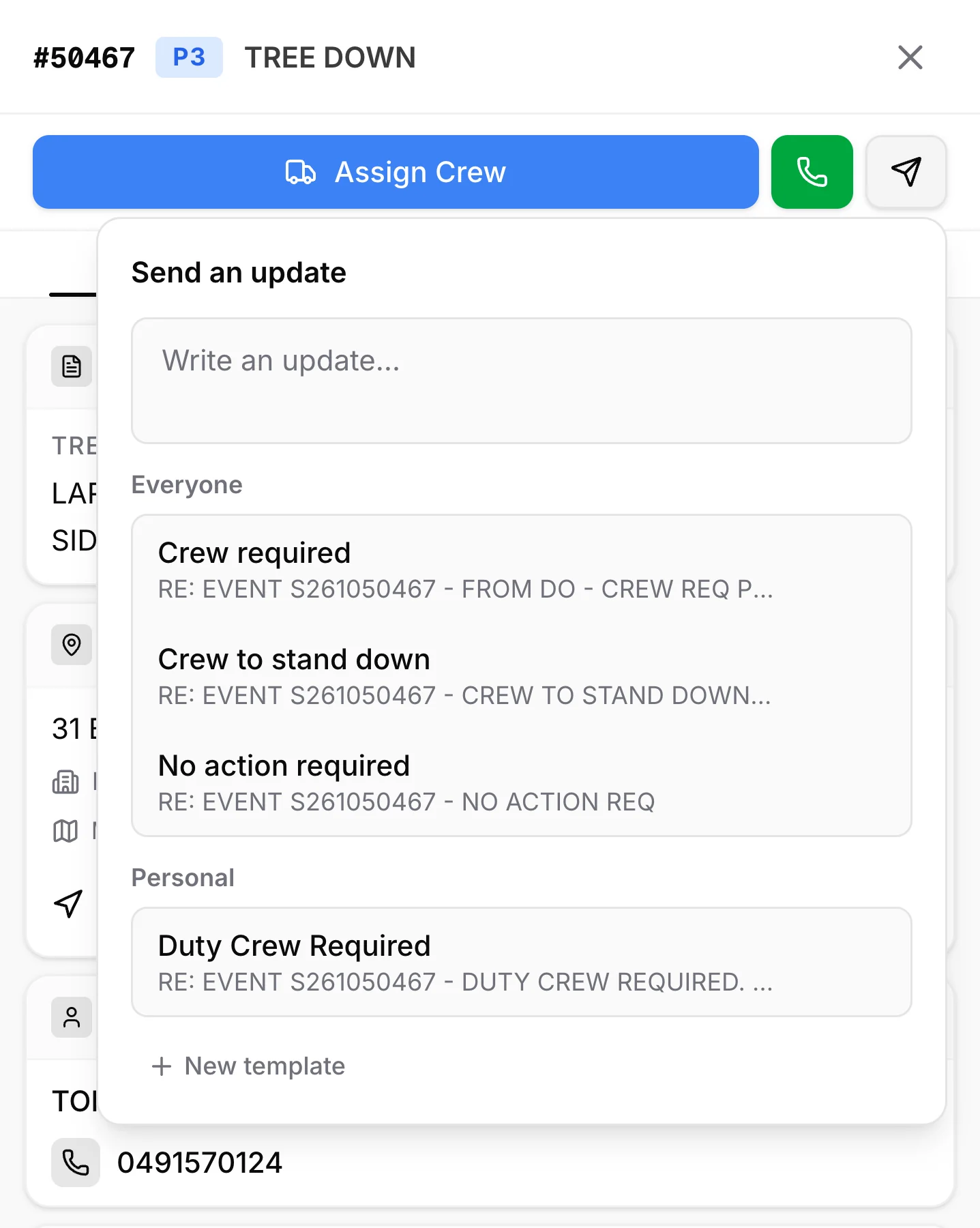 The update menu with saved templates