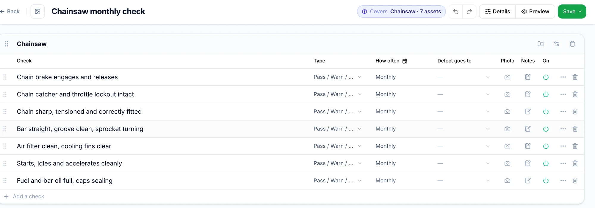 The checklist builder with a check on each row and how often it is due