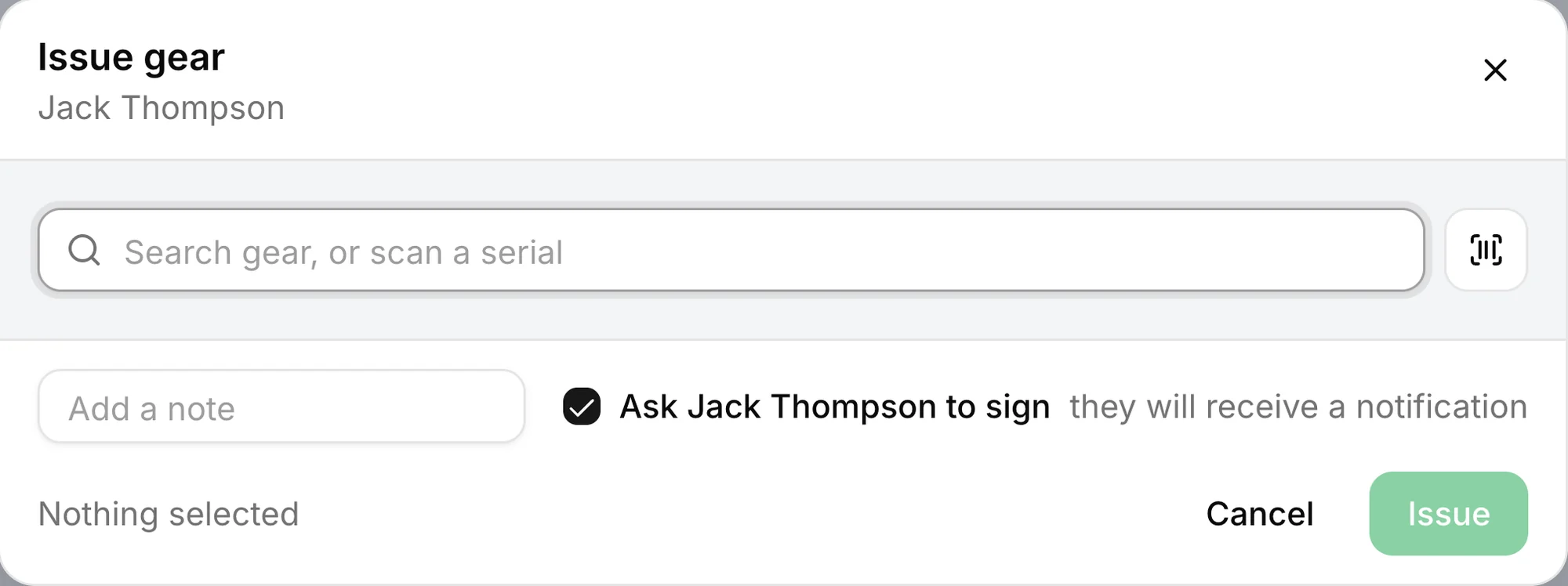 The issue gear dialog with a search box, a barcode scanner button and the option to ask the member to sign