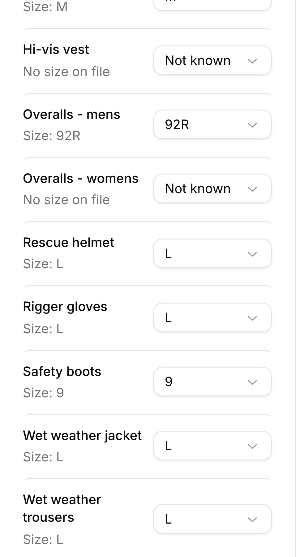 A member's sizes for chaps, overalls, helmet, gloves and boots