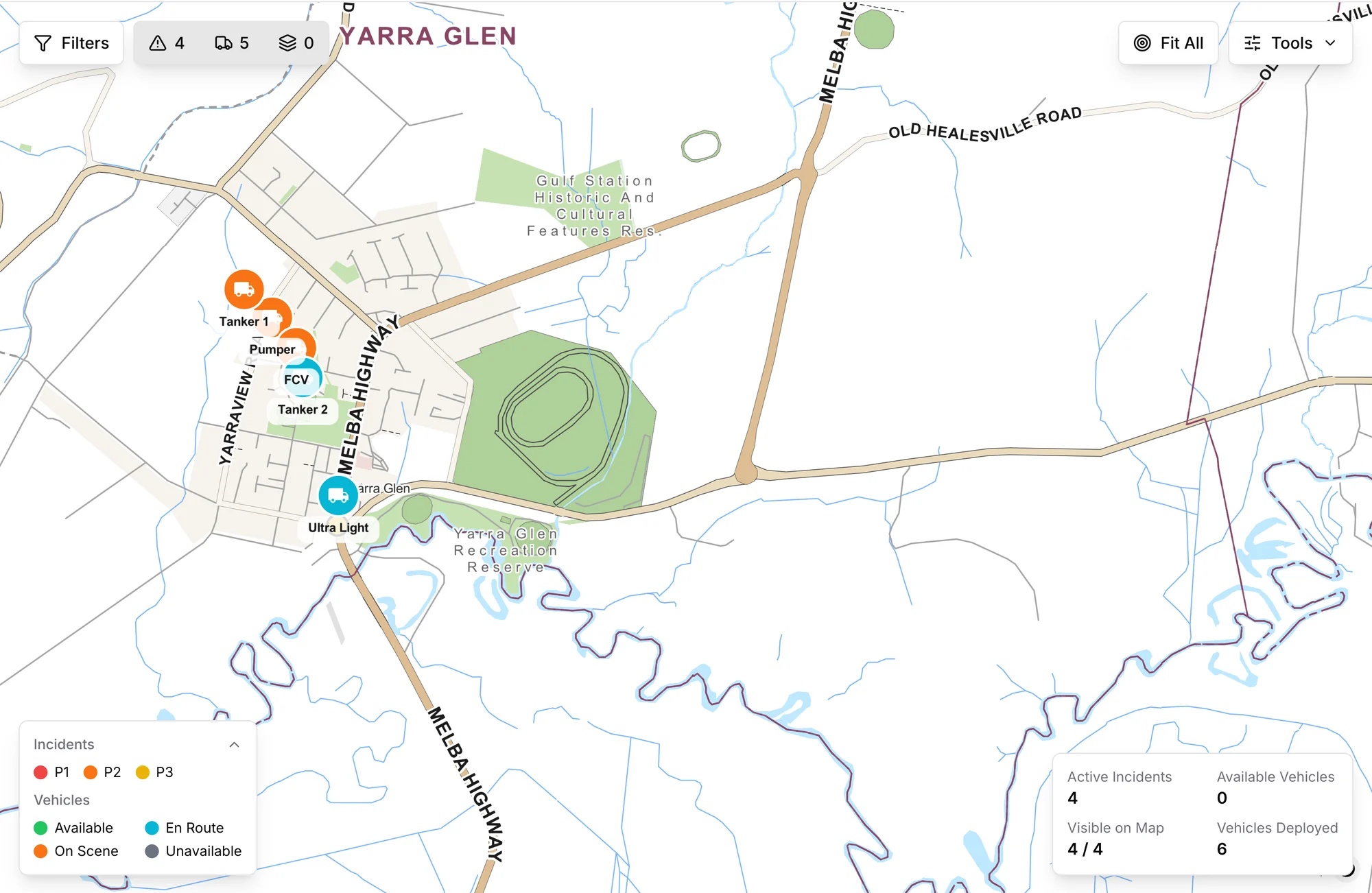 The operations map for a fire brigade with appliances near an incident