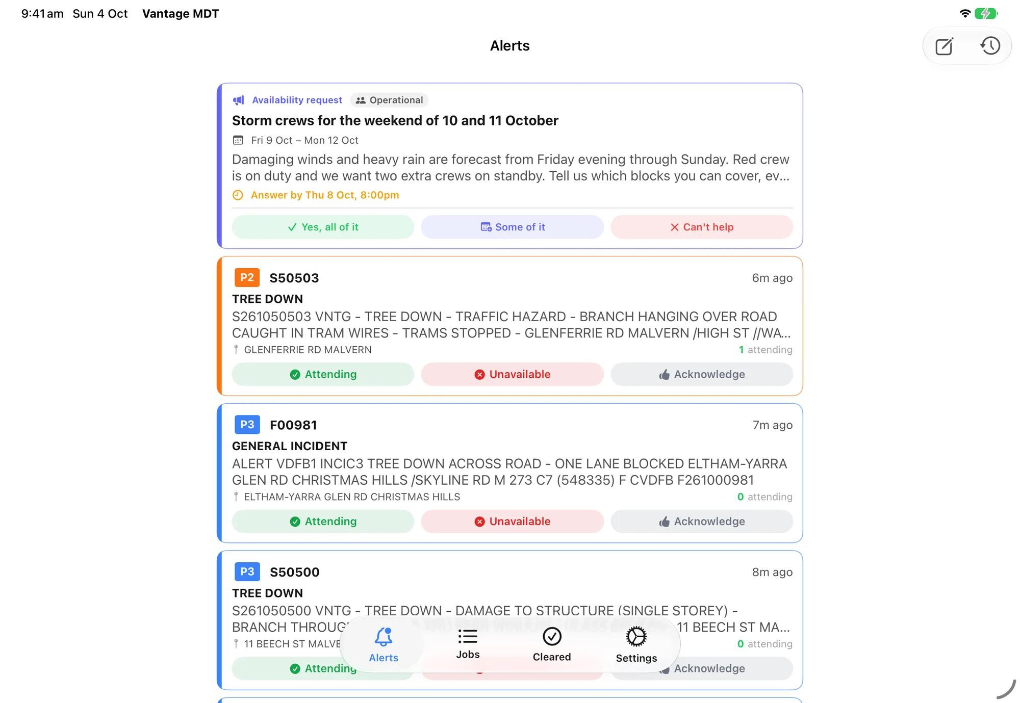 The alerts tab of Vantage MDT on an iPad with an availability request and three incident alerts