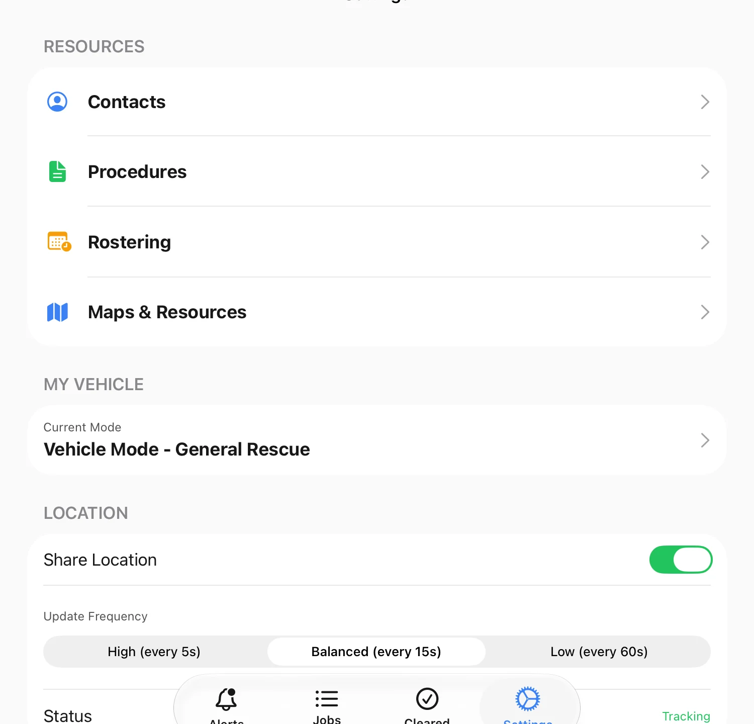 Vantage MDT settings on an iPad showing vehicle mode and location sharing