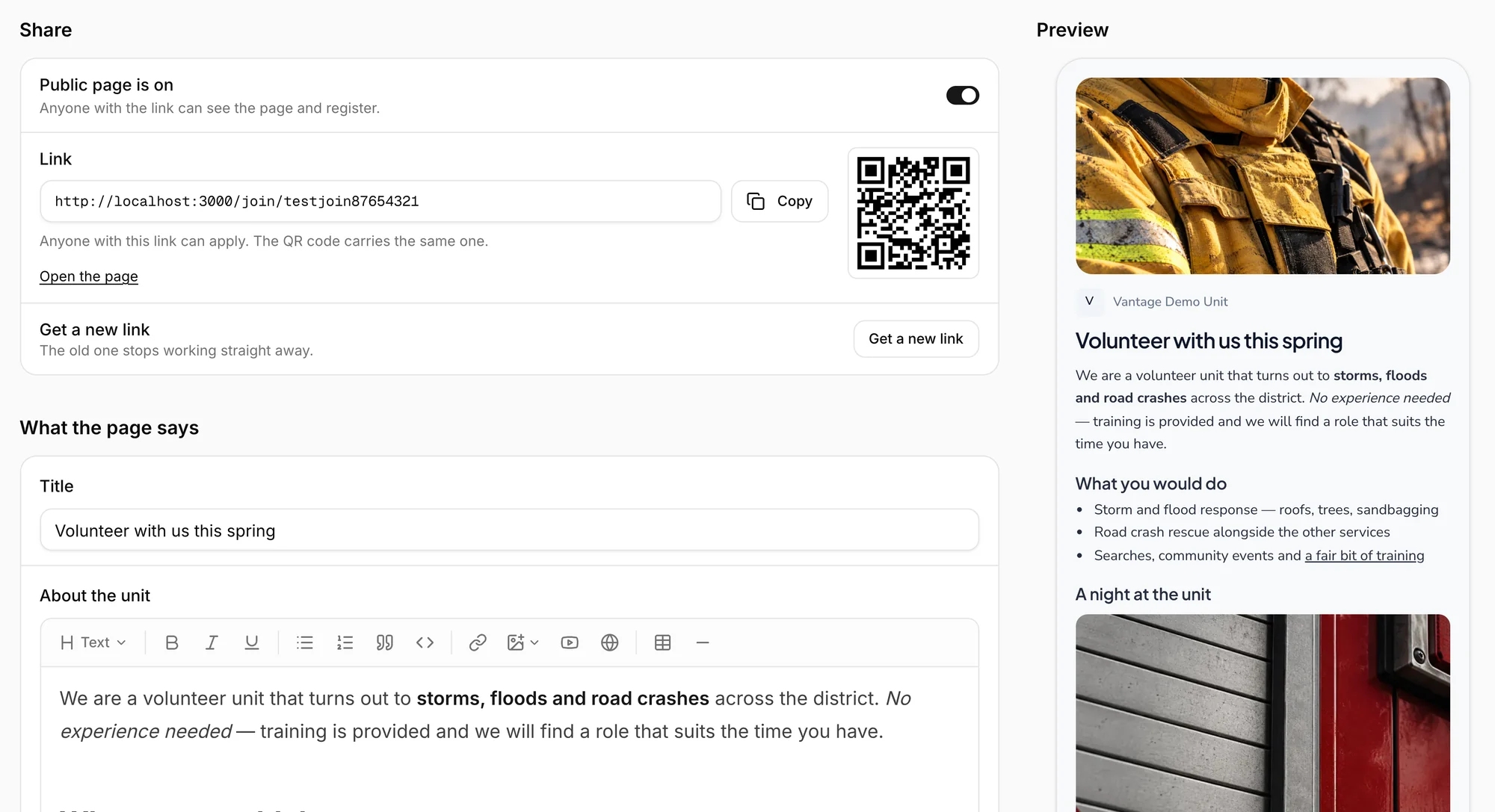 The public page editor with its share link and QR code, the page text, and a preview of the finished page