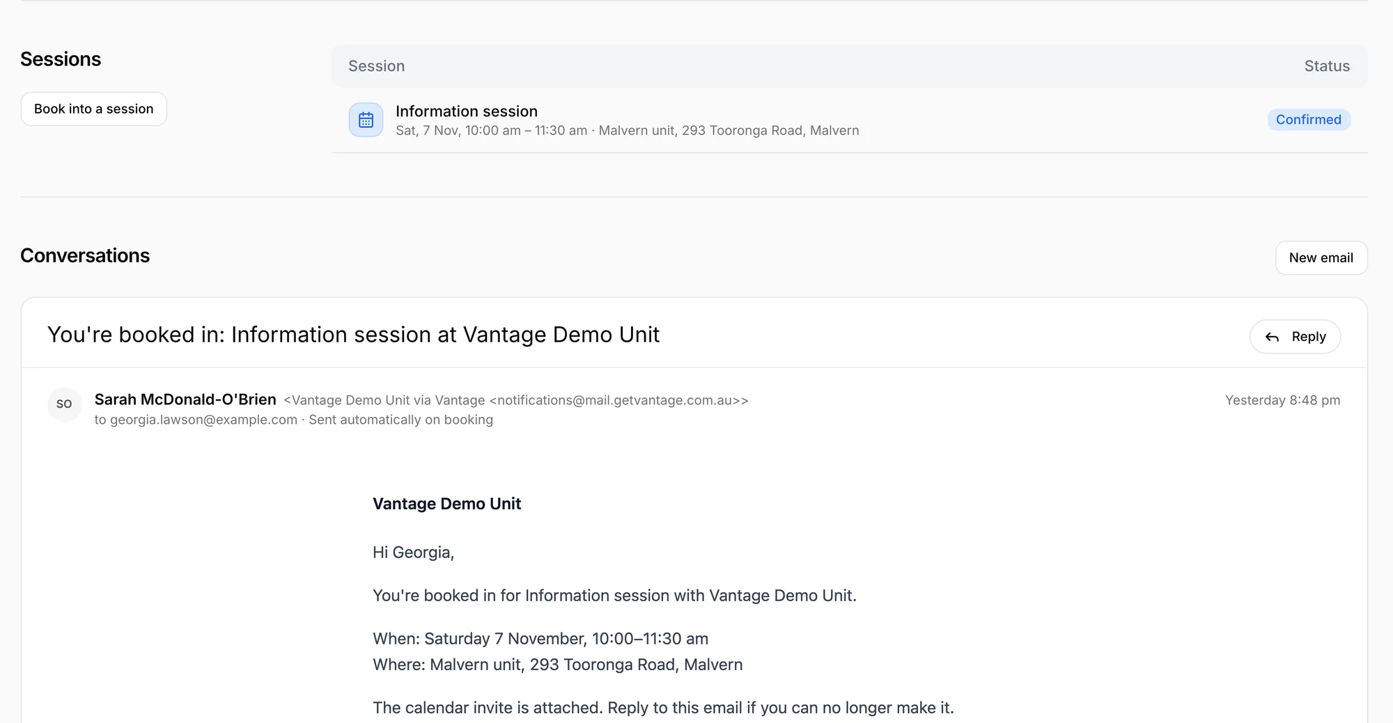 A candidate's record with their information session and an email conversation