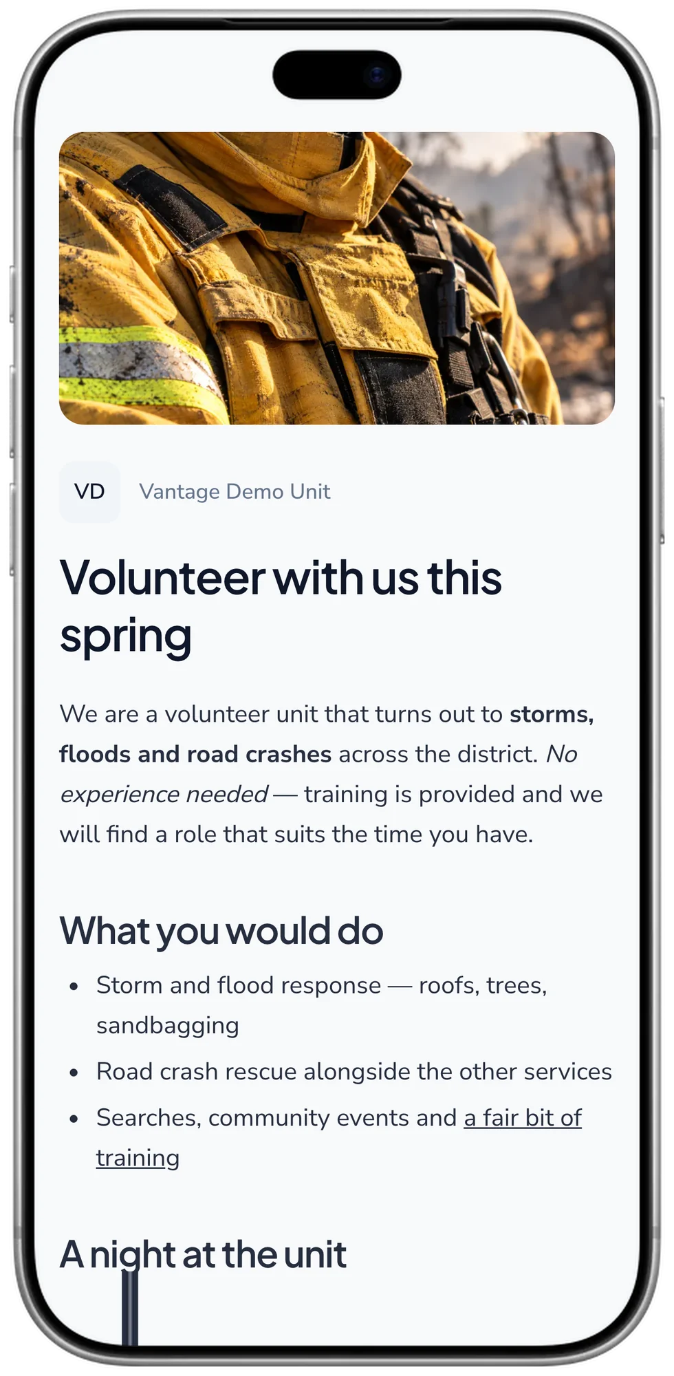 A unit's public recruitment page on a phone, with a photo, what volunteers do and a form to register