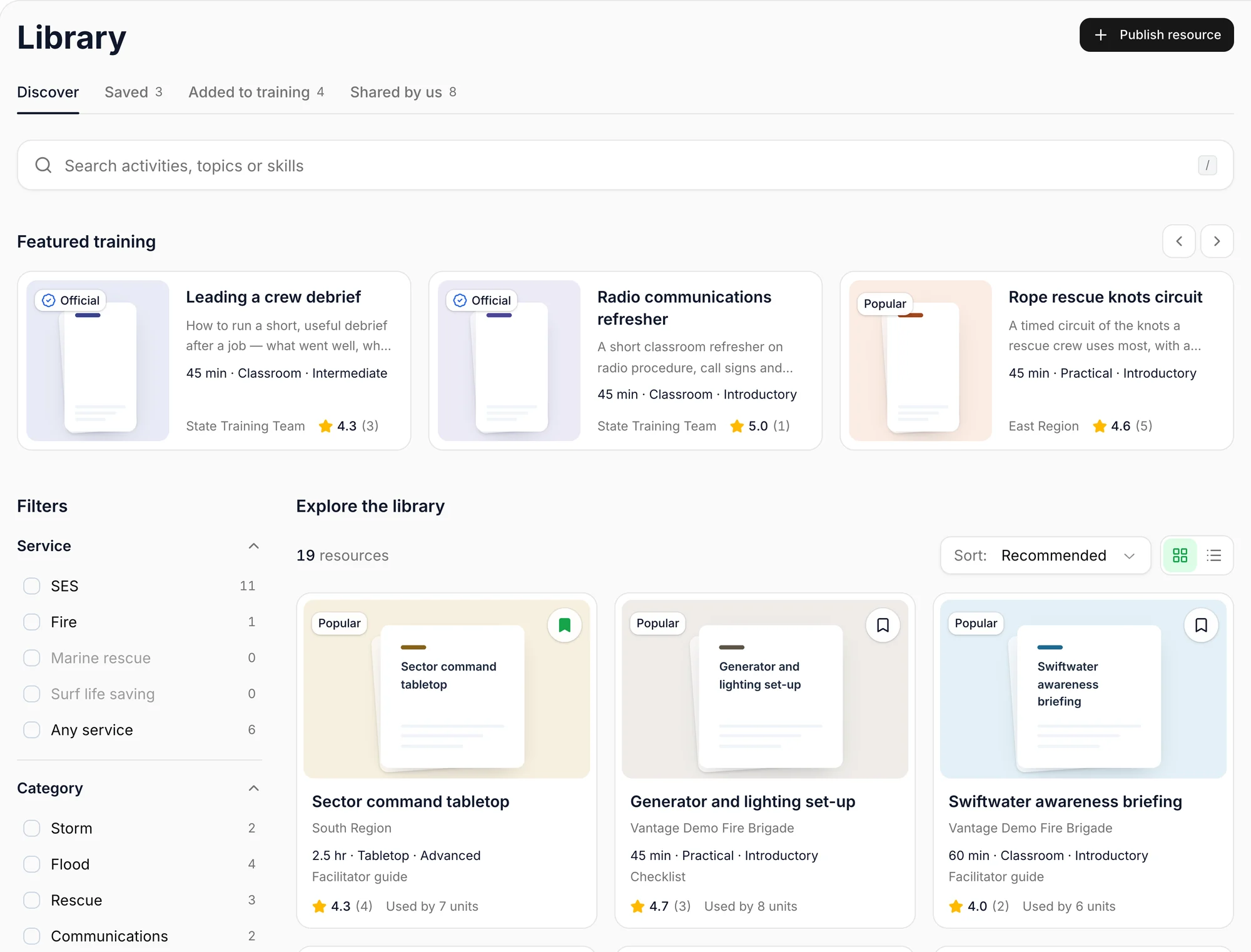 The training library filtered by service and category, with nineteen activities shared by other units and brigades, each with its length, format and how many units have used it