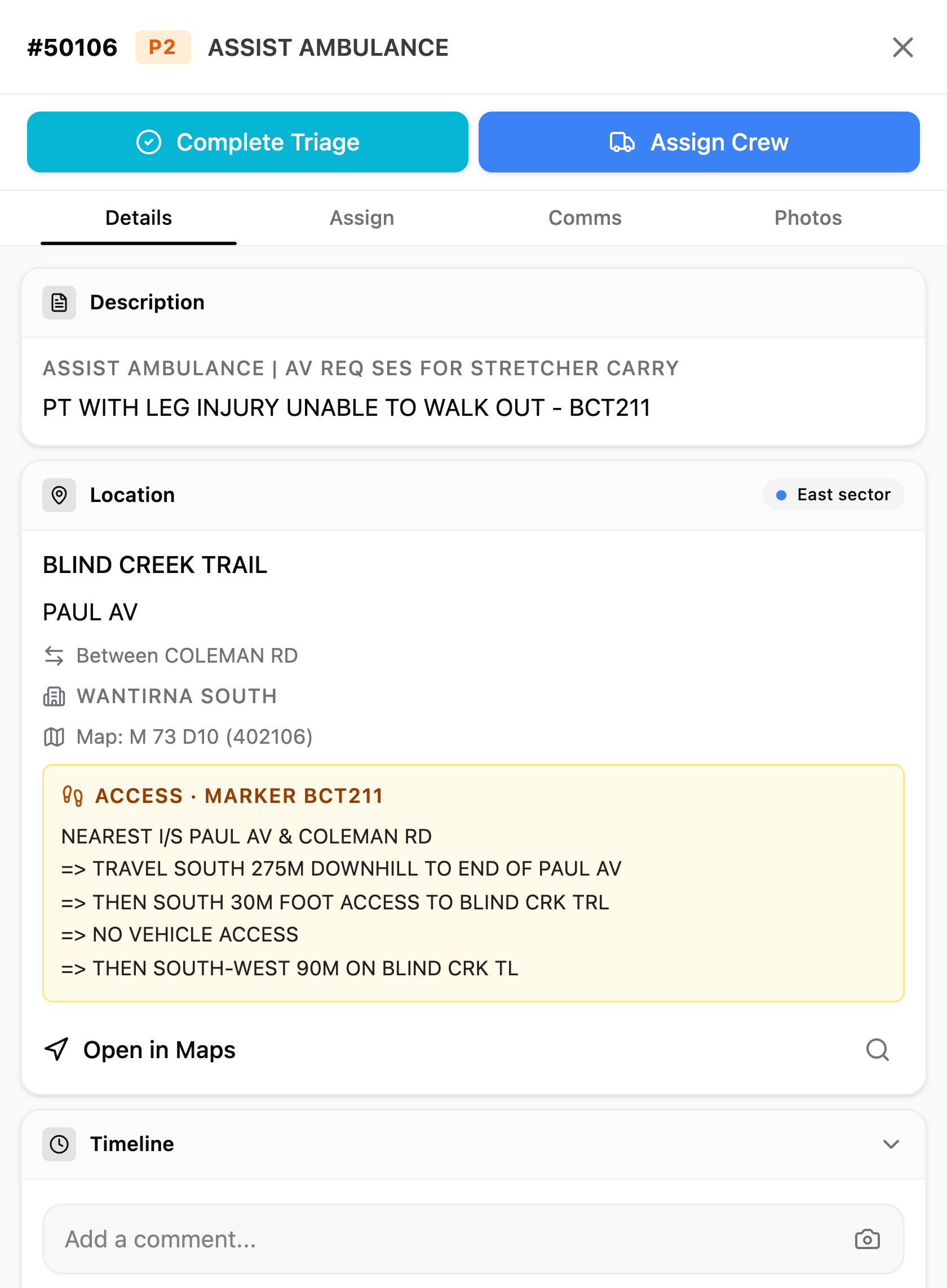 Assist ambulance incident 50106 open: stretcher carry for a patient on Blind Creek Trail, with emergency marker BCT211 walking directions from Paul Avenue and Coleman Road.