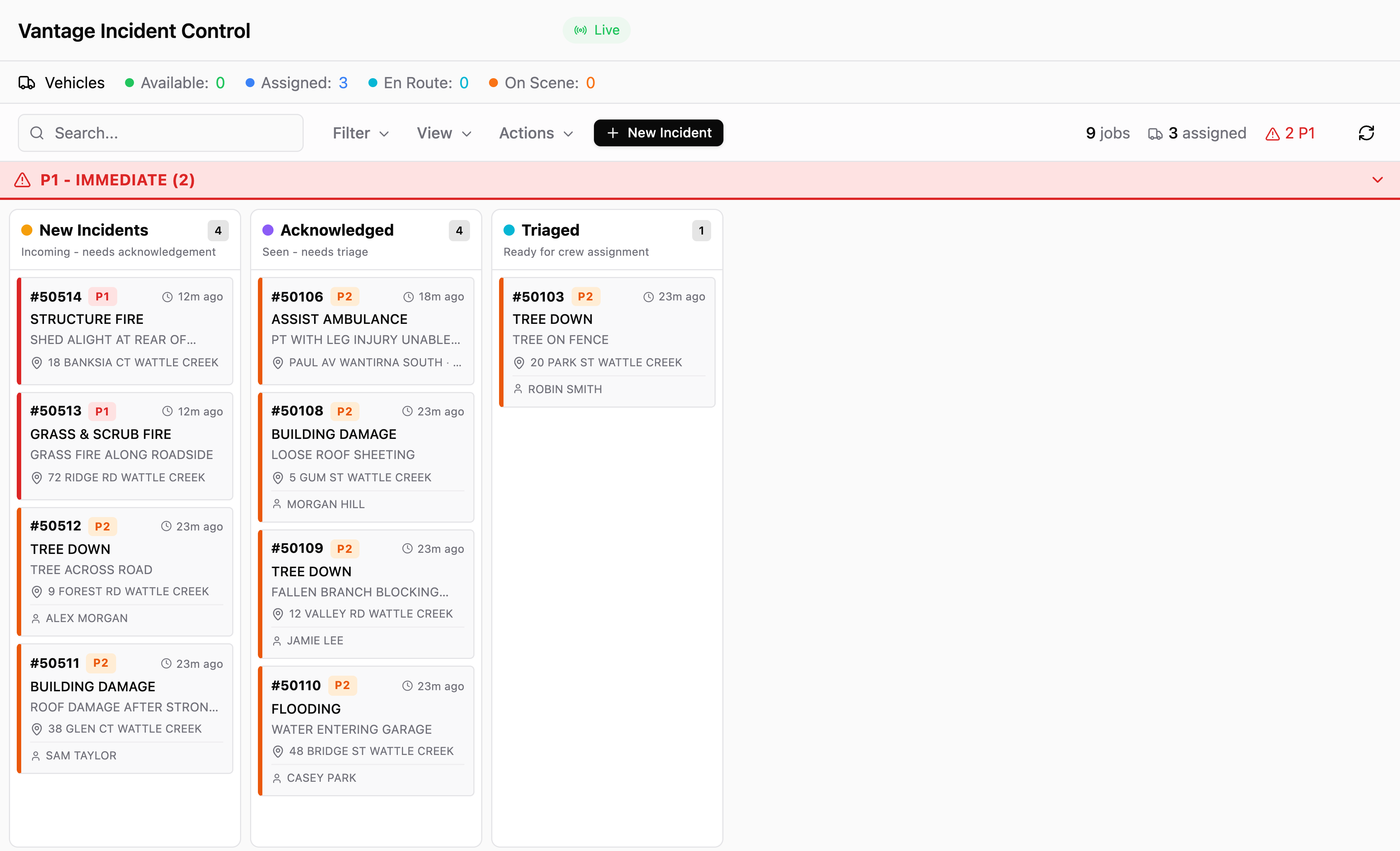 Incident Control dashboard: fire and storm jobs in New Incidents, and an assist ambulance job at the top of Acknowledged.